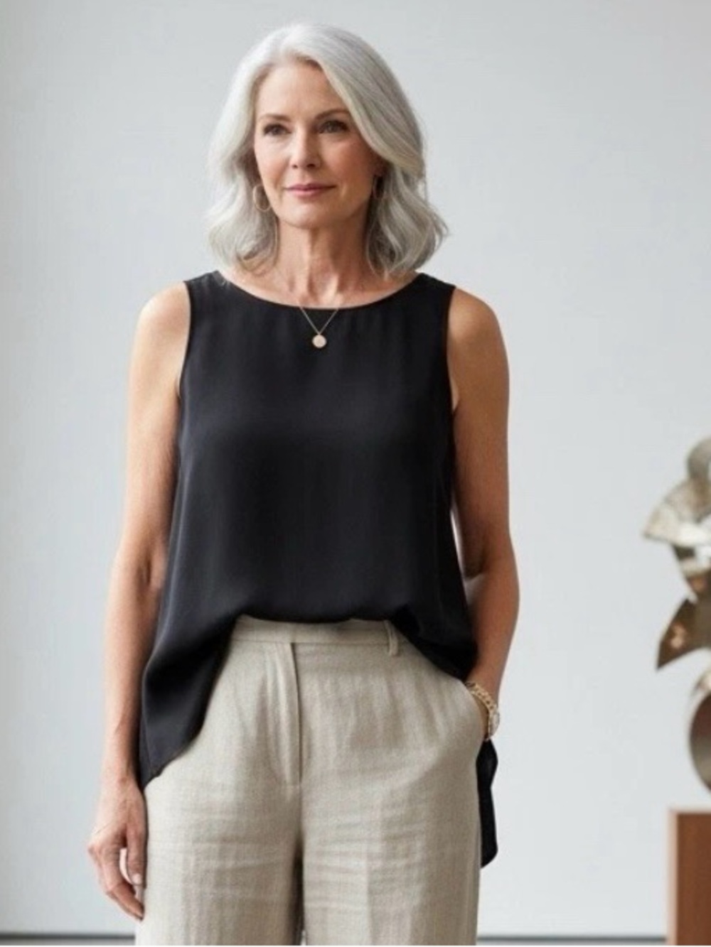 Eileen Fisher XL Black Silk Tank Top Sleeveless Layering Shell Minimalist